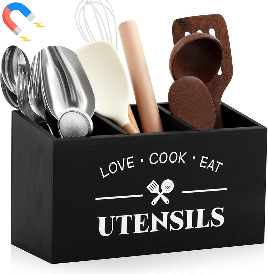 Colingmill Wood Magnetic Utensil Holder Large Kitchen Silverware Holder with 3 Compartments for Fridge Counter Wooden Kitchen Countertop Organizer for Cooking Tools and Cutlery, Farmhouse Style (Black)