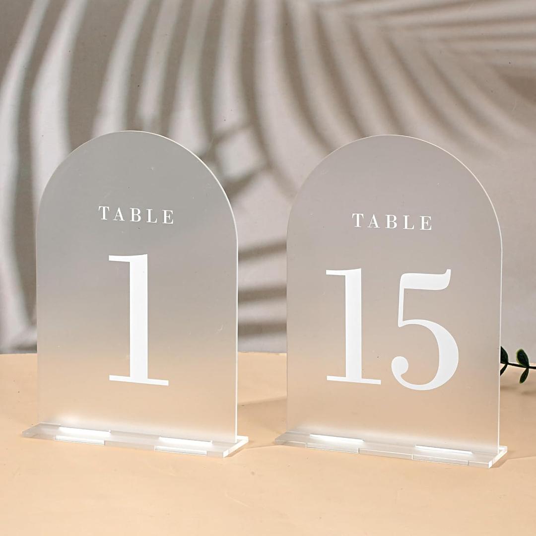 Arch Wedding Table Numbers, 1-15 Frosted White Table Signs with Holder, 5"x7" Bold Clear Print Number Signs for Wedding Centerpiece, Anniversary, Banquet, and Event Decor