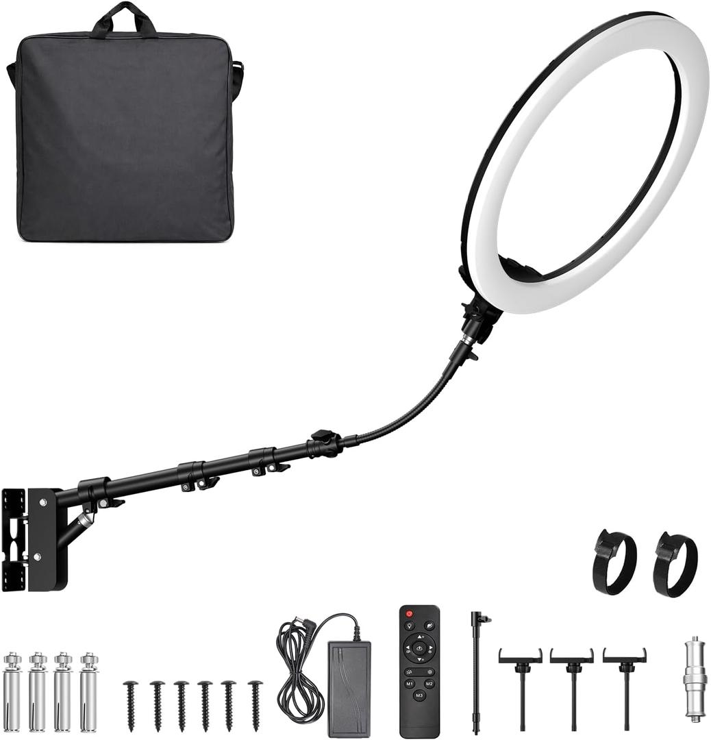EMART 21 Ring Light Wall Mount with Phone Holder, Rotatable Boom Arm Overhead Light Stand with Remote Control for Photography Lighting Studio, Live Streaming, Salon, Barber Light, Beauty Tattoo