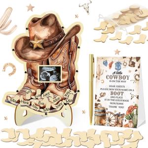 2 x 65pcs Cowboy Baby Shower Decorations Guest Book, Cowboy Baby Shower Guest Book Alternatives with Pen, Photo Frame, 60 Heart Wood Slices, Baby Sonogram Frame Keepsake for 60 Guests