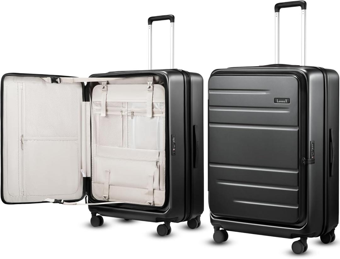 LUGGEX Checked Suitcase with Spinner Wheels, FLO5 Expandable Polycarbonate Hard Shell Suitcase with TSA Approved Lock (FX-Core, Black, 28 Inch)
