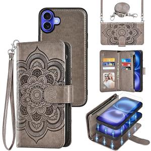 Asuwish Phone Case for iPhone 16 6.1 inch Zipper Wallet Magnetic Detachable Cell Cover with Tempered Glass Screen Protector Crossbody Strap Mandala Flower Card Holder i Phone16 i16 16Case Women Gray