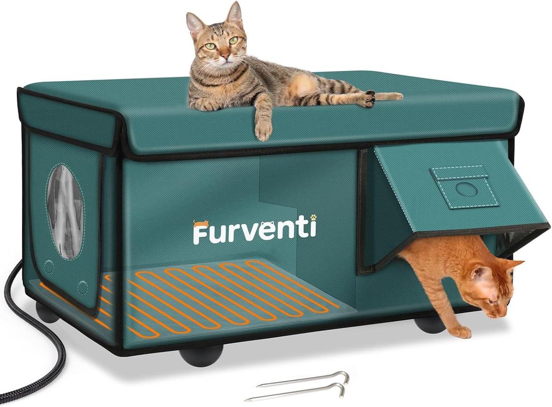 Heated Cat House for Outside with Dual Doors, Insulated Cat House Outdoor with Heating Pad, Weatherproof Heated Outdoor Cats Houses Waterrproof for Feral Cats (Deep Green, 25" L x 16" W x 13" H)