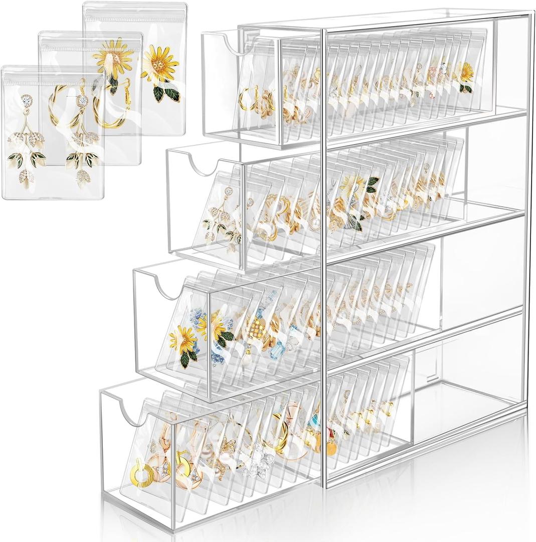 Vowcarol Earring Holder Organizer, 4 Drawers Clear Acrylic Jewelry Organizer Box with 100 Portable Pouches, Jewelry Storage Case for Earrings and Rings
