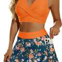 Aqua Eve Two Piece Bikini Skirt Swimsuit - 2 Piece Bathing Suits for Women High Waisted with Pockets 2026 Swimwear (L, Orange Flowers)