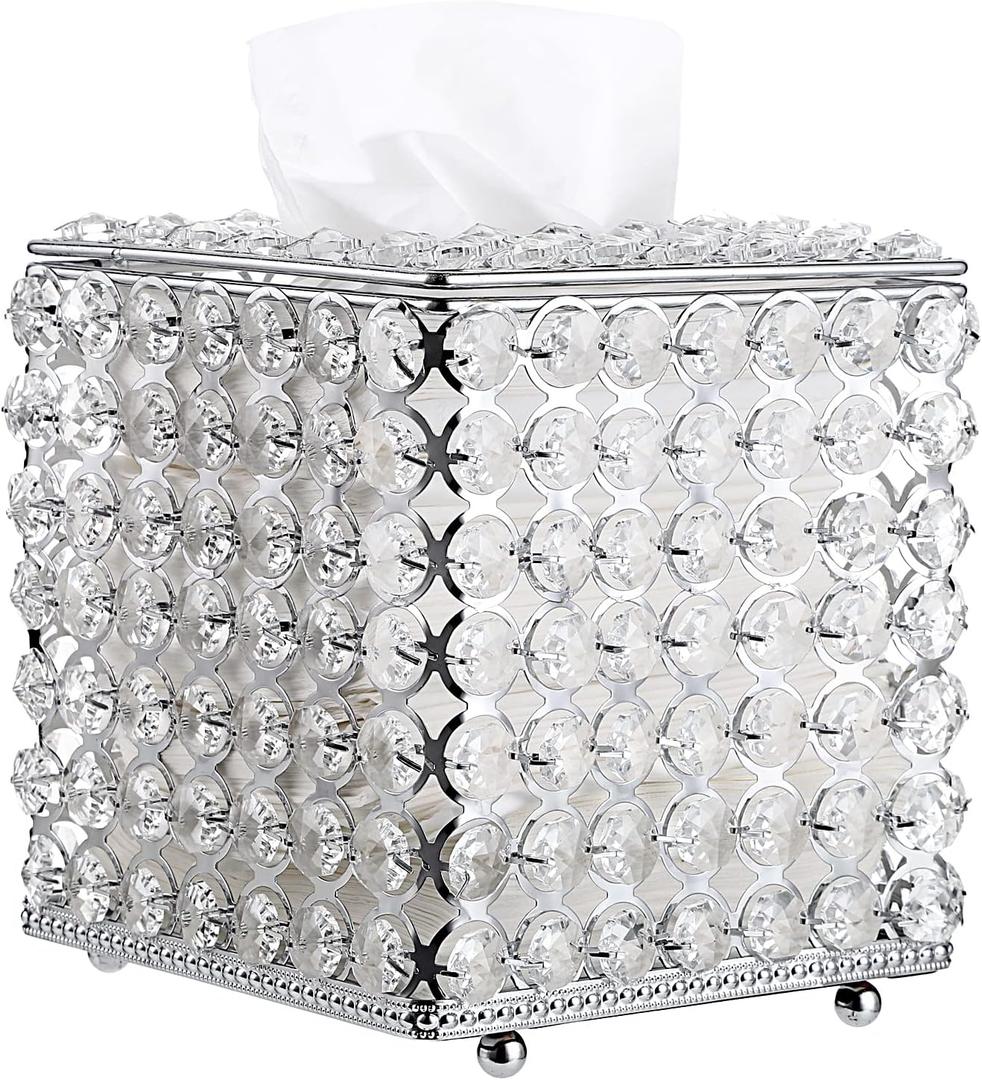 Sumnacon Crystal Square Tissue Box Cover - Decorative Tissue Box Holder, Sparkling Cube Tissue Holder for Bathroom Dresser Night Stand Table Car Store Office Home Decor, Silver