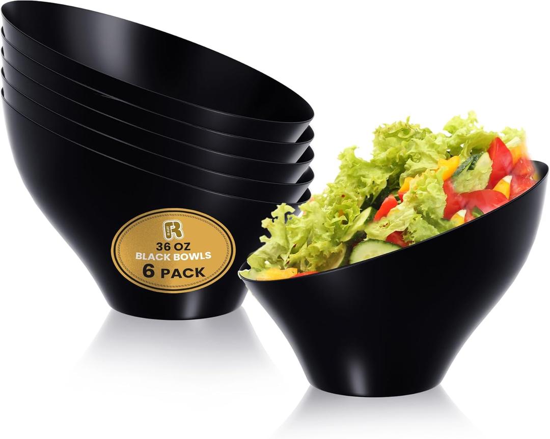 R-kay 6 Pack Black Large Plastic Bowls - Premium Plastic Serving Bowls Heavy Duty For Weddings Catering, Parties, And All Occasions 36 Oz (Black, Large)