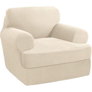 PrinceDeco 2 Pieces Armchair Slipcover Stretch Couch Covers for T Cushion Chair Slipcovers Soft Arm Chiar Cover Furniture Covers with 1 Individual T Shape Seat Covers Width Up to 40", Natural