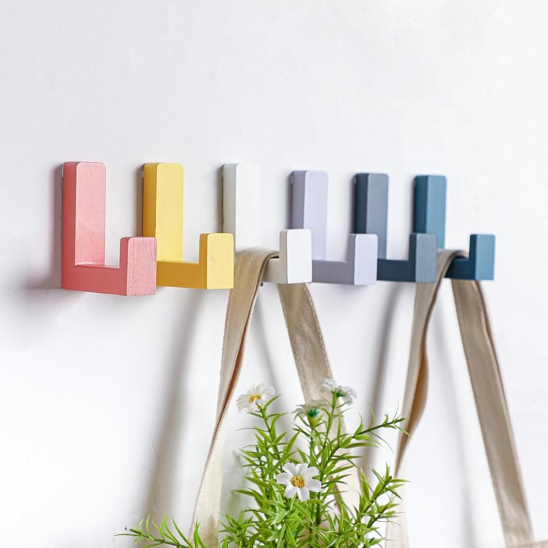 6 Pack Cute Kids Coat Wall Hooks Wooden Decorative Adhesive Colored Nordic Style Wall Mounted Heavy Duty Hooks for Keys Hat Coat Shower Curtain Playroom Bathroom Decor (Colorful)
