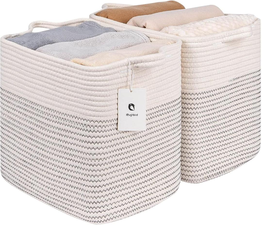 Medium and Large Woven Basket//With Handle, Used for Toys and Fabric Storage Basket used for Storing xl Storage Box, Decorative Storage Box Room 2pack (14L*12H L White/Black Line, 14L*10W*12H)