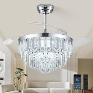 48" Fandelier Ceiling Fan with Light, Crystal Chandelier Fan with Retractable Blades Dimmable Crystal Ceiling Fan Chandelier for Bedroom Living Room Dining Room-Chrome