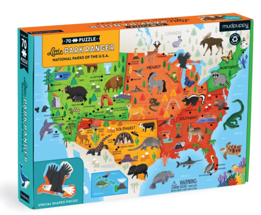 Mudpuppy National Parks Map  70 Piece Geography Puzzle with Special Shaped Pieces Featuring Famous National Parks and Animals Across The United States
