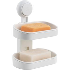 LEVERLOC Soap Dish Holder for Shower Double Layer Suction Cup Wall Mounted NO-Drilling Self Draining Removable Waterproof Strong Suction Bar Soap Sponge Holder for Shower Bathroom Bathtub Kitchen