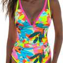 popvil Women's One Piece 2025 Tummy Control Swimsuits Neon Color Block Swimwear Deep V Neck Slimming Bathing Suit (X-Large, Blue Floral)