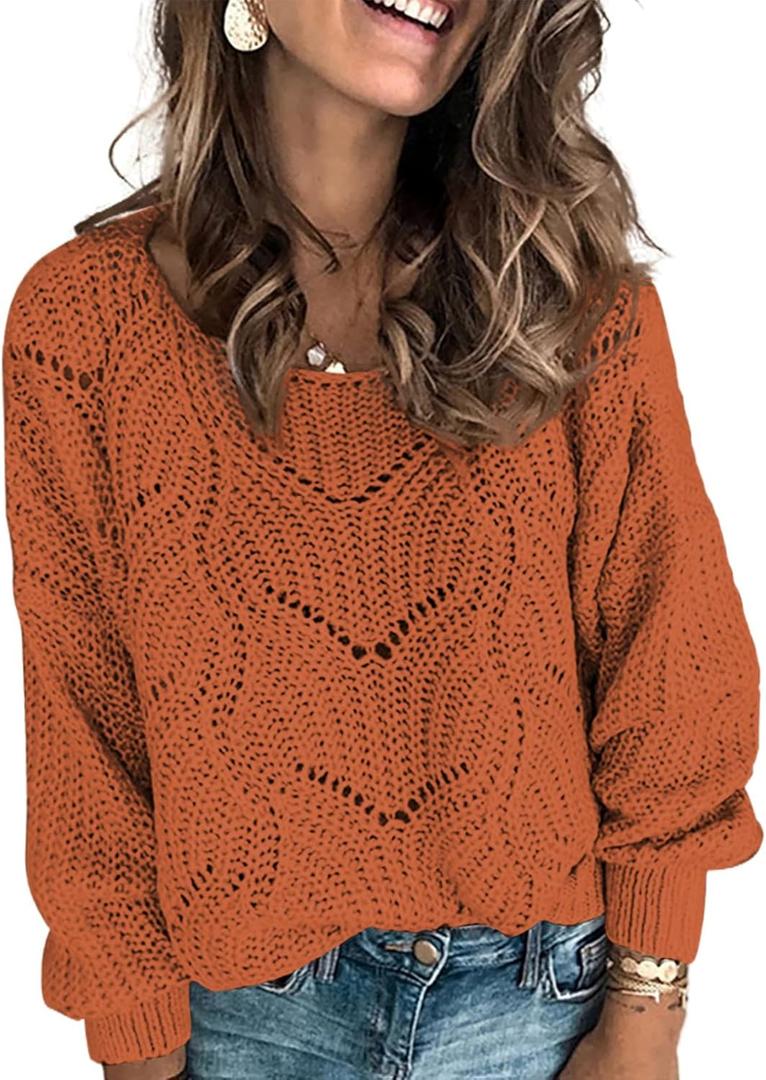 Dokotoo Womens Sweaters 2025 Crewneck Cute Elegant Soft Long Sleeve Hollow Cable Knit Pullover Tops (Orange)