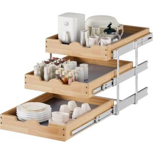DINDON 3 Tier Pull Out Cabinet Organizer 17W X21D Slide Out Shelves With Shelf Liner for Kitchen Wood Roll Out Drawers Pantry Organization