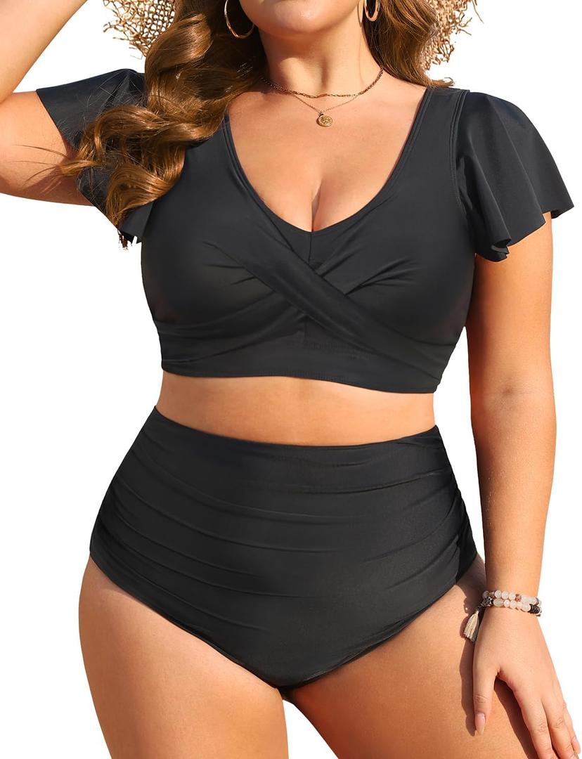 Daci Women Plus Size High Waisted Bikini Set - Two Piece Swimsuits Tummy Control Bathing Suit Ruched Bottom 2025 (Black, XL)