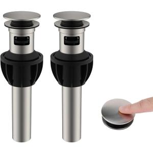 Hibbent 2 Pack Metal Bathroom Sink Drain with Overflow, Push and Seal Pop Up Drain Stopper, Stainless Steel Vessel Lavatory Vanity Sink Drain Stopper, Anti-Clogging Strainer, Brushed Nickel