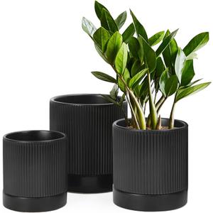 LaDoVita 3 Pack Ceramic Plant Pots 6/5/4 inch, Flowerpot for Indoor Plants with Drainage Holes and Tray, Outdoor Garden Planters, Modern Decorative for Home, Black Vertical Stripes