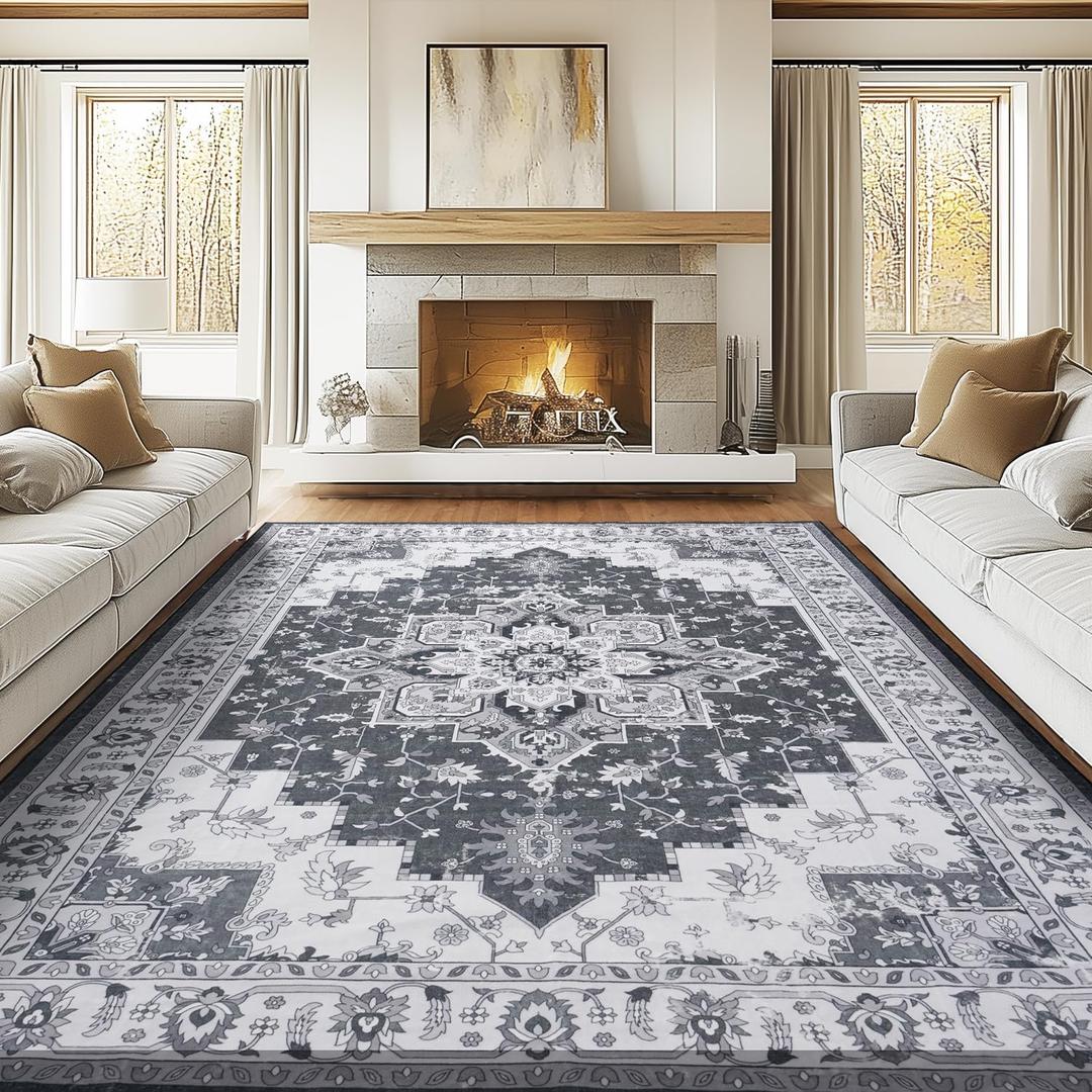 Rugflix 8x10 Area Rug for Living Room, Vintage Washable Area Rug with Non Slip Backing & Low Pile, Floral Soft Foldable Carpet for Bedroom Dining Room, Grey