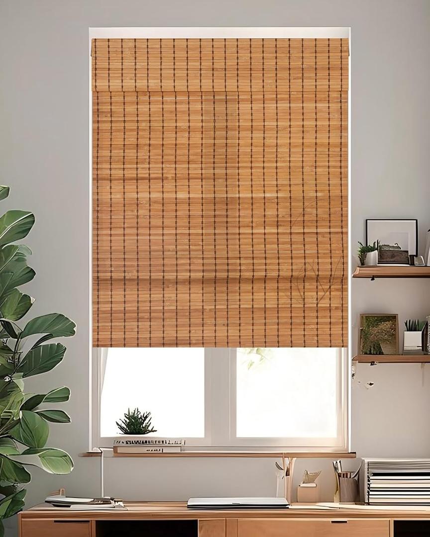 30''W X 72''H Cordless Bamboo Roman Shades for Interior Windows, Roll Up Bamboo Blinds with Valance, Light Filtering, Easy to Install, Brown