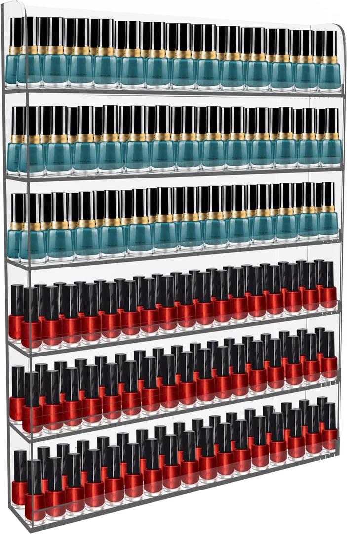 Acrylic Nail Polish Rack 6 Tier, Clear Nail Polish Display Racks Wall Mount, Hold Up to 180 Bottles, Nail Polish Storage Organizer with 50PCS Nail Swatch Sticks
