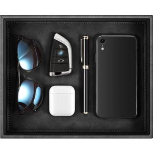 SITHON Valet Tray Desk Organizer, PU Leather Catchall Bedside Vanity Tray Nightstand Caddy Coin Box Key Jewelry Storage Organizer, Valentine's Day Gift, Black