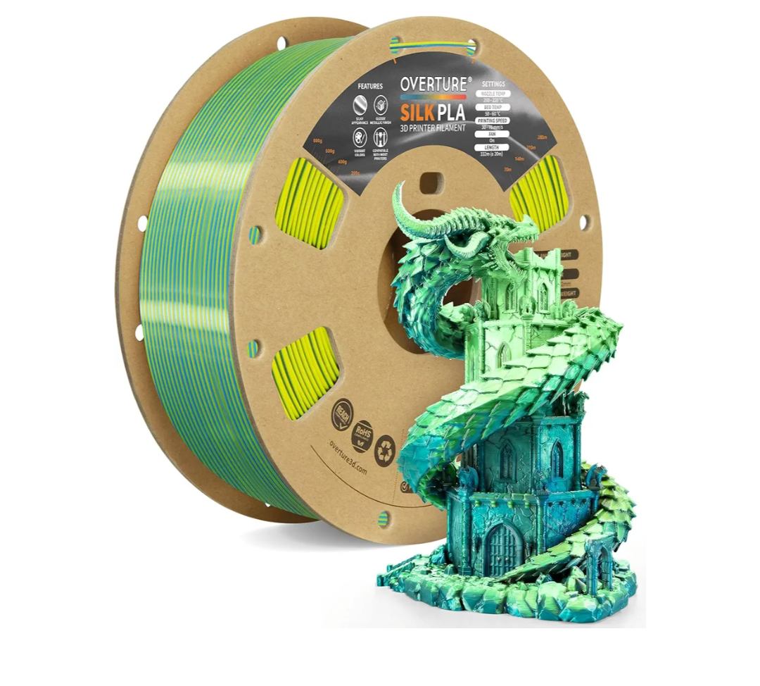 OVERTURE Silk PLA Dual Color Filament 1.75mm, Bi-Color Shiny PLA Finish, Smooth & Glossy, 1kg Spool (2.2lbs), Ideal for Cosplay Jewelry & Home Decor (Silk Blue-Yellow)