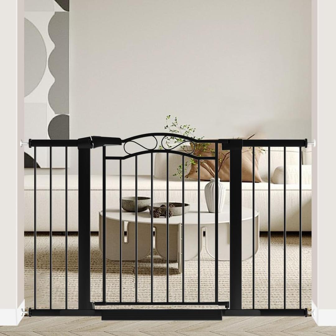 Fairy Baby 48.9"-51.5" Extra Wide Baby Gate with Door, 49 50 51 Inches Walk THR Baby Gates for Stairs Pressure Mounted no Drill, Indoor Tension Metal Pet Dog Gate, Auto Close Safety Gate, Black
