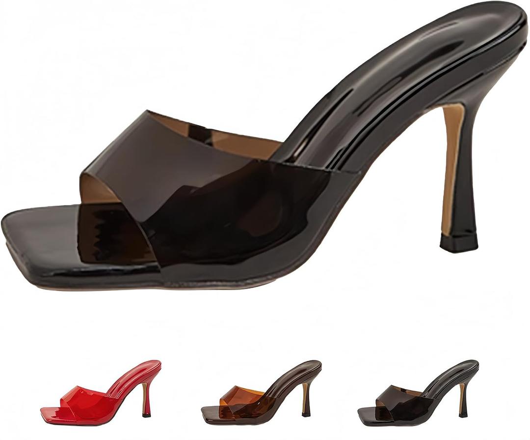 Women's Clear Band Square Open Toe Slip-on Stiletto Slide Sandals Comfortable Transparent Strap Sexy Backless Dress Mule Sandals Super High Heel Party Prom Wedding Pumps (10, Black)