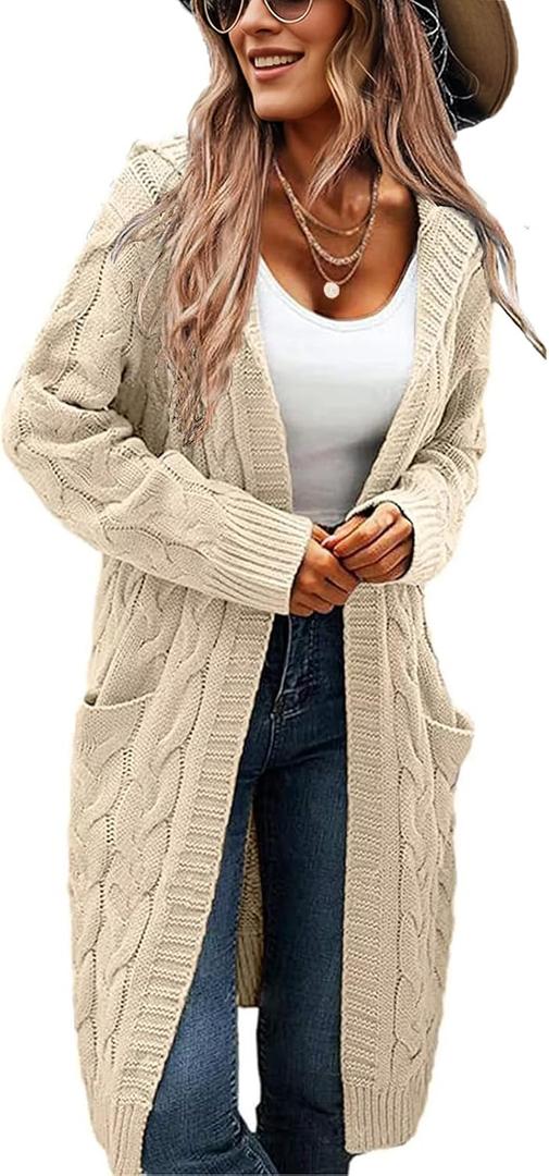 Women's Hooded Open Front Long Cardigan Cable Knit Sweaters Side Pocket Oversized Chunky Cardigan Outwear Coat (Beige)