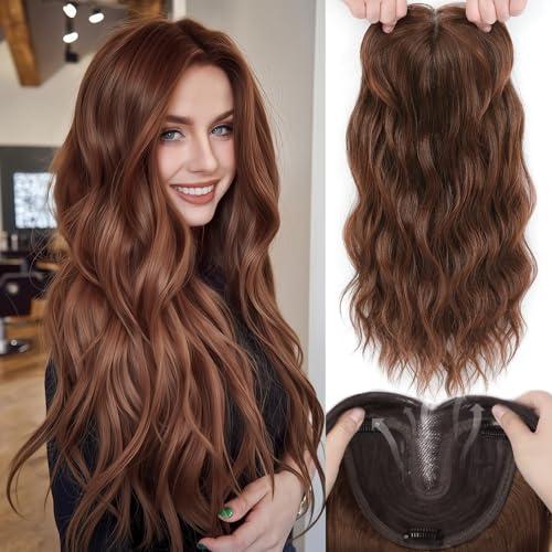 Hair Toppers for Women, 20 Inch Hand Tied Breathable Toppers Hair pieces for Women with Thinning Crown Middle Part Bangs Mix Human Hair Clip in Curly Lightweight Wiglets (Auburn Brown,Side Bangs)