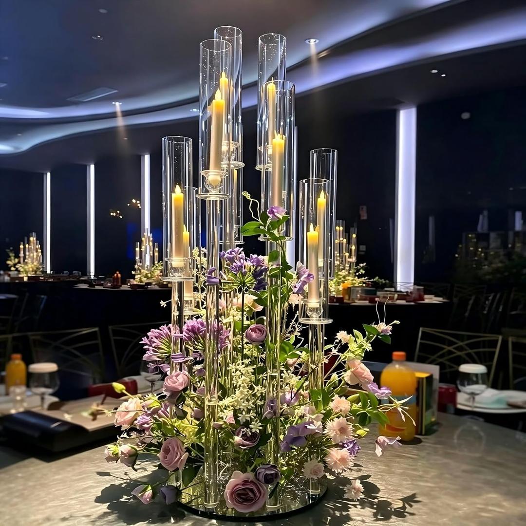 VINCIGANT 4PCS 8 Arm Clear Acrylic Candelabra Centerpieces for Tables