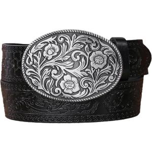 Western PU Leather Cowboy Cowgirl Belt for Men & Women - Vintage Flower Buckle Embossed Leather Belts for Jeans Pants