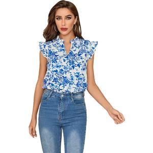 WDIRARA Women's Floral Print Notched V Neck Ruffle Cap Sleeve Blouse Boho Tops Blue L