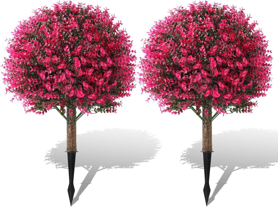 Faux Rose Boxwood Balls for Outdoor Planters Topiary Set of 2,UV Resistant Artificial Shrub Bushes Trees with Spike for Porch,Indoor,Garden