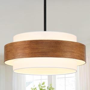 20'' Farmhouse Chandelier, 5-Light Drum Chandelier Round Pendant Light Fixture with Fabric Shade, Wood Grain Rustic Chandeliers for Dining Room Bedroom Living Room Foyer Entryway