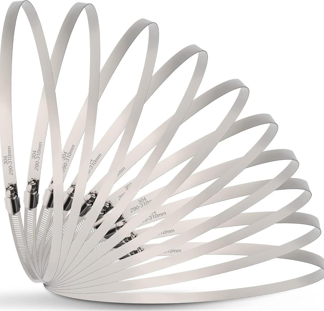 OURU Large Hose Clamps, 10 Pack 12 Inch Stainless Steel Hose Clamps Adjustable from 11-1/2"-12-1/4"/290-310mm, Metal Worm Gear Duct Clamp for Air Ducting, Dryer Vent Hose, Fuel Line, Automotive