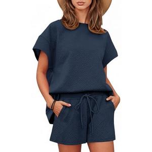 Tankaneo Womens Loungewear Set Short Sleeve Tops and Shorts 2 Piece Outfits Matching Lounge Pajama Set with Pockets, S, Navy blue 