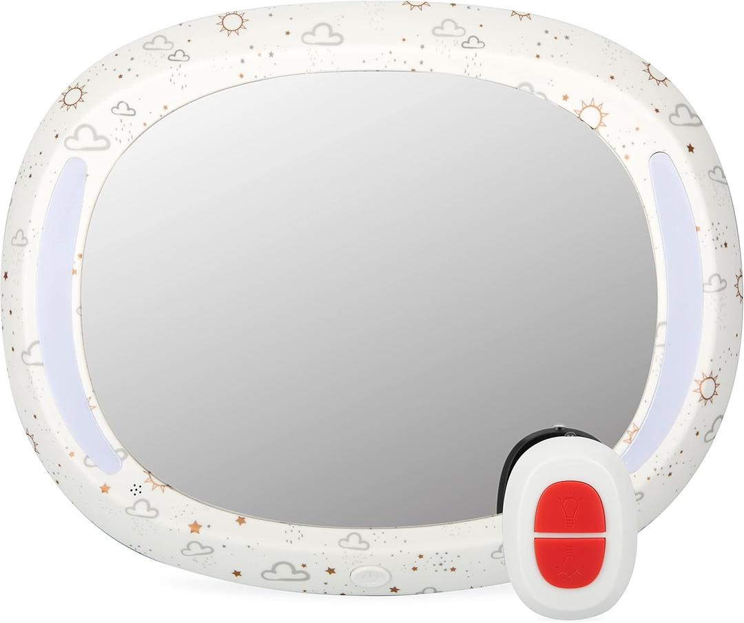 Nuby LED Light Backseat Baby Car Mirror with Remote Controlled Light, Wide View Shatter Resistant Mirror, Adjustable, White Cloud (Large)