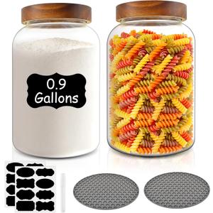 2-Pack 0.9 Gallon Large Glass Jars, Airtight Storage Canisters | Wide mouth 115 oz kitchen containers for laundry room flour sugar pantry organization. Includes 16 labels pen 2 silicone mats
