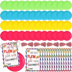 Soulchen 56 Pcs/96 Pcs End of Year Student Gift for Students from Teacher 3.4" Flying Disc Colorful Mini Disc Flyer Toys with Card and Rope for Boy Girl Kids School Summer Graduation Supplies