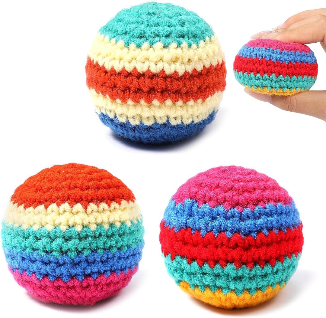 2 x Hand Knit Sack Ball Pack of 3 Plastic Pellet Filled Footbag Toy | Hand knit wool, dense stitching prevents sand leak, nice sleek shape, soft feel for teen & adult outdoor toss games