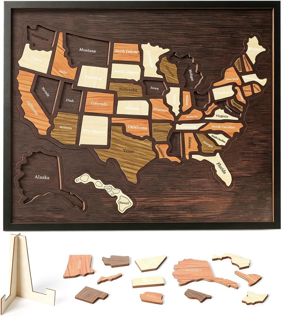 Wooden USA Travel Map Puzzle, United States Journey Tracker Maps Pin Board for Traveling with Elements Sticker, Couple Family Art Home Decor, Daily Travel Tracker Marking Gifts(12 X 10Inch)