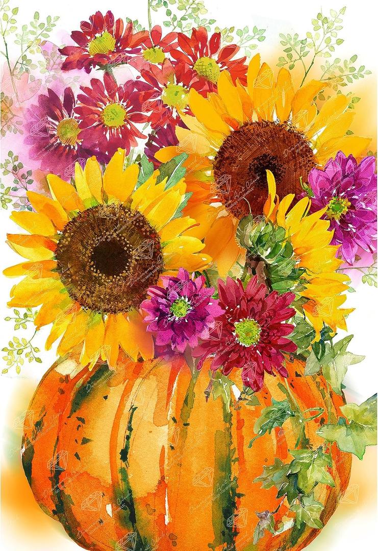 DIAMOND ART CLUB Pumpkin with Sunflowers Diamond Painting Kit, Floral Diamond Canvas, Round 5D Diamond Art for Adults and All Ages, 13" x 19" (32.8 x 48 cm) (Pumpkin with Sunflowers)