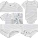 Baby Boy Girl Short Sleeve Bodysuits New Born 100% Cotton Clothes 5-Pack 0-12M (6-9 Months, Khaki+light Blue Lapel+card Stripe)