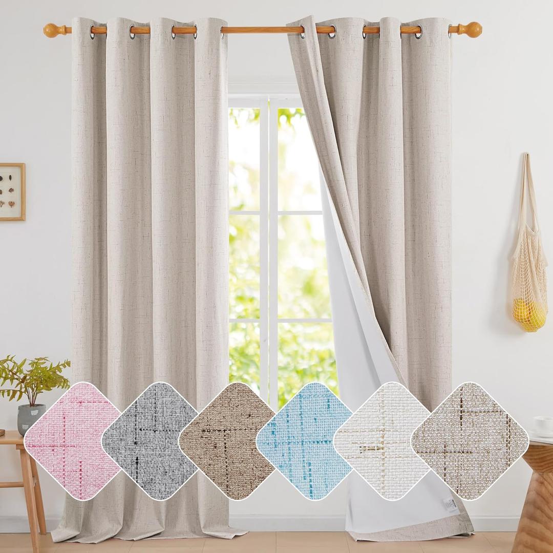 Deconovo 100% Blackout Curtains for Living Room, Double-Side Room Darkening Curtains for Bedroom, Faux Linen Drapes (Linen, W52 x L84, 2 Panels)