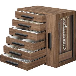 HOOBRO Jewelry Box for Women, Jewelry Organizer Box, 6-Tier Wooden Jewelry Box, Jewelry Case with Side Transparent Window, Creative Gift, for Earring, Necklace, Bracelet, Walnut and Black BH12JB04