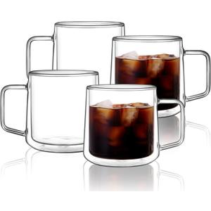 CNGLASS 15oz(4-pack) Double Walled Glass Coffee Mugs,Large Insulated Glass Mugs with Handle,Clear Coffee Cups for Espresso,Latte,Cappuccino,Tea