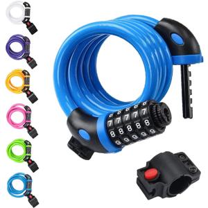 NDakter Bike Lock, 4/5.6 Feet Bicycle Cable, High Security 5 Digit Resettable Combination Coiling Bicycle Lock, Heavy Duty Anti Theft Cable with Mounting Bracket, 1/2 Inch Diameter (12mm) (Blue)